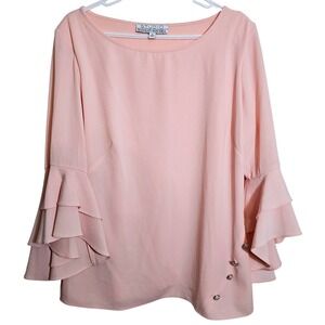 Studio Badgley Mischka XL Bell Sleeve Blouse Pink Rhinestone Button Ruffle Party
